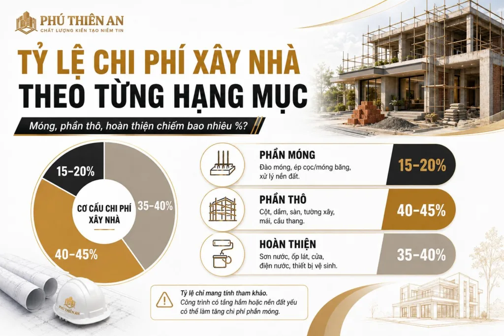 Chi phí xây nhà theo từng hạng mục: móng, phần thô, hoàn thiện chiếm bao nhiêu %